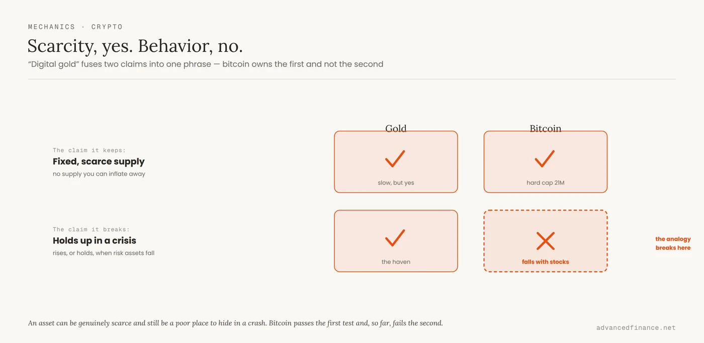 A scorecard of gold versus bitcoin on two claims: fixed scarce supply (both pass) and holds up in a crisis (gold passes, bitcoin fails, falling with stocks) — showing the 'digital gold' analogy breaks on the second claim.